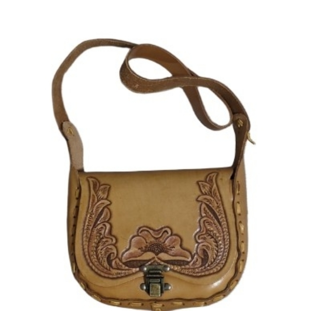 Vintage 70s Hand Tooled Leather Floral Saddle Bag - Crossbody / Shoulder